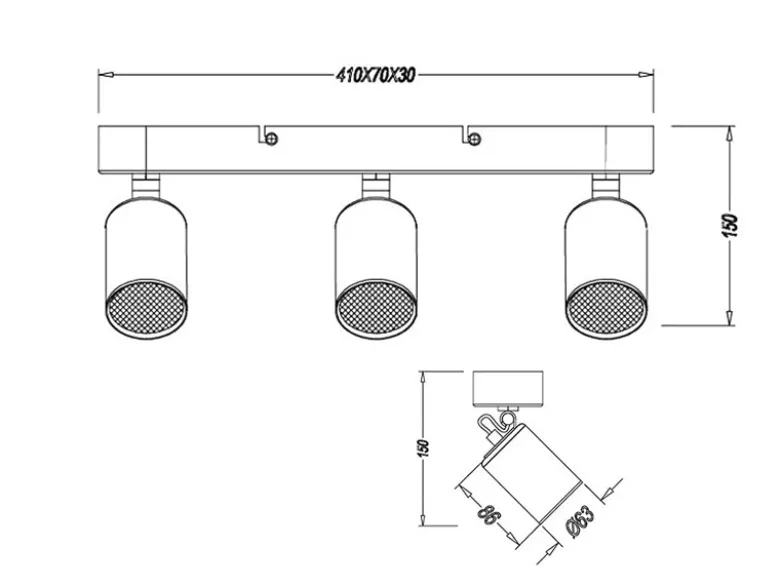 LED Deckenstrahler 3-flammig Metallschirm Schwarz, Breite 41cm