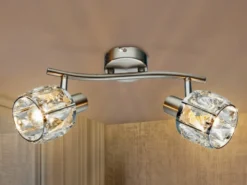 LED Deckenstrahler 2-flammig mit Glaskristallen Silber matt, Breite 28cm