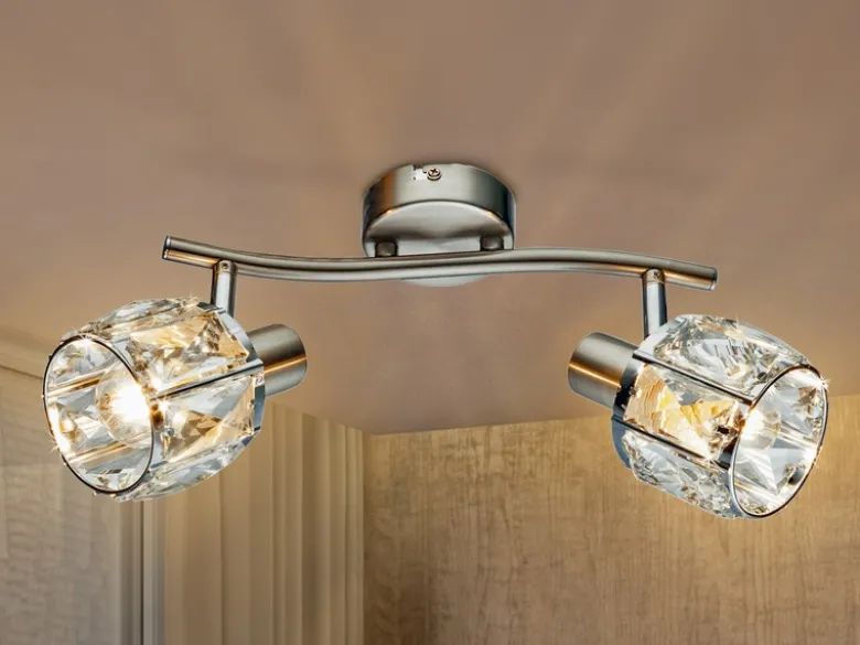 LED Deckenstrahler 2-flammig mit Glaskristallen Silber matt, Breite 28cm