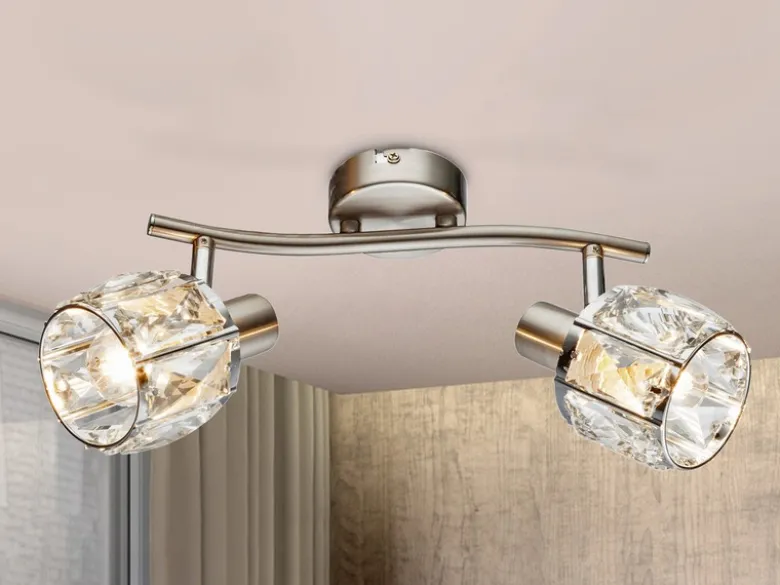LED Deckenstrahler 2-flammig mit Glaskristallen Silber matt, Breite 28cm