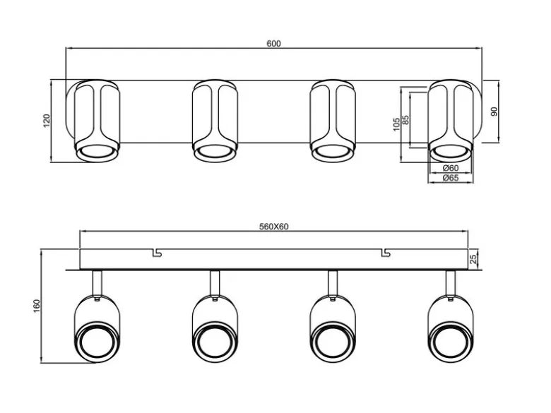 LED Deckenstrahler 4-flammig Metall Weiß / Silber, Breite 60cm