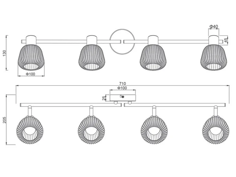 LED Deckenstrahler 4-flammig mit Glasschirmen Chrom bedampft, Breite 70cm