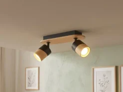 LED Deckenstrahler 2-flammig, Naturholz & Metall Weiß, Breite 28cm