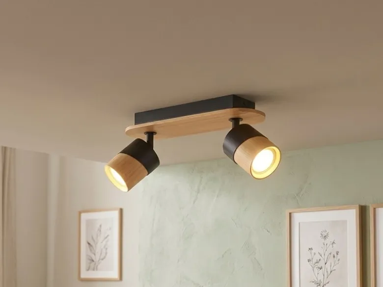 LED Deckenstrahler 2-flammig, Naturholz & Metall Weiß, Breite 28cm