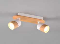 LED Deckenstrahler 2-flammig, Naturholz & Metall Weiß, Breite 28cm