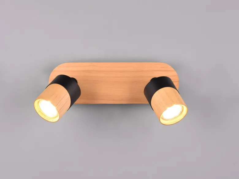 LED Deckenstrahler 2-flammig, Naturholz & Metall Schwarz, Breite 28cm