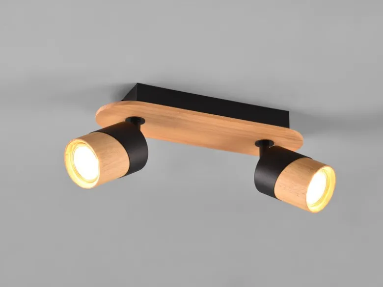 LED Deckenstrahler 2-flammig, Naturholz & Metall Schwarz, Breite 28cm