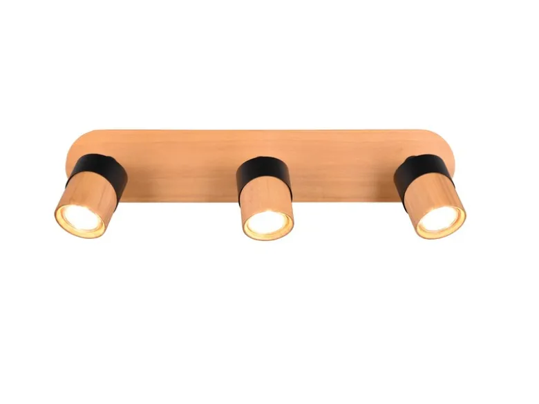 LED Deckenstrahler 3-flammig, Naturholz & Metall Schwarz, Breite 48cm