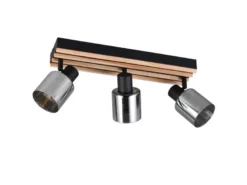 LED Deckenstrahler 3-flammig, Rauchglas Schwarz & Holzlamellen, Breite 52,5cm