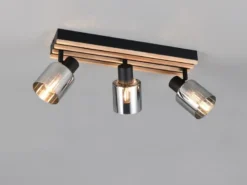 LED Deckenstrahler 3-flammig, Rauchglas Schwarz & Holzlamellen, Breite 52,5cm