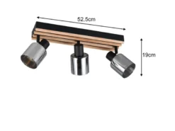 LED Deckenstrahler 3-flammig, Rauchglas Schwarz & Holzlamellen, Breite 52,5cm