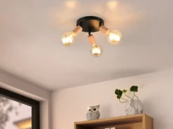 LED Deckenstrahler 3-flammig rund aus Metall in Schwarz & Holzoptik, Ø 29cm