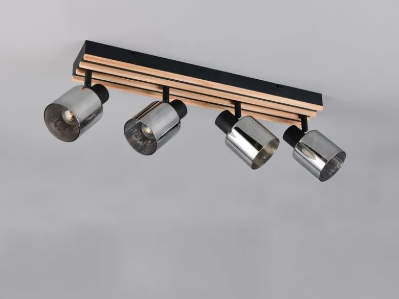 LED Deckenstrahler 4-flammig, Rauchglas Schwarz & Holzlamellen, Breite 64,5cm