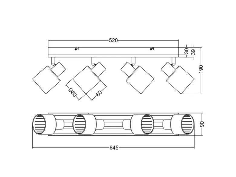 LED Deckenstrahler 4-flammig, Rauchglas Schwarz & Holzlamellen, Breite 64,5cm