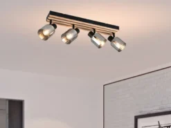 LED Deckenstrahler 4-flammig, Rauchglas Schwarz & Holzlamellen, Breite 64,5cm