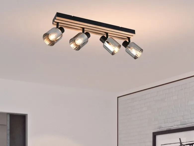 LED Deckenstrahler 4-flammig, Rauchglas Schwarz & Holzlamellen, Breite 64,5cm