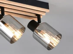 LED Deckenstrahler 4-flammig, Rauchglas Schwarz & Holzlamellen, Breite 64,5cm