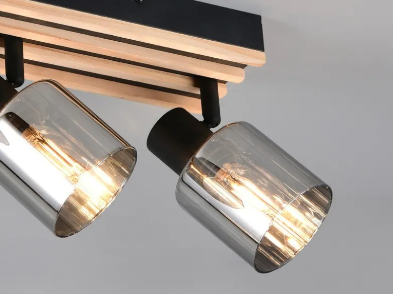 LED Deckenstrahler 4-flammig, Rauchglas Schwarz & Holzlamellen, Breite 64,5cm