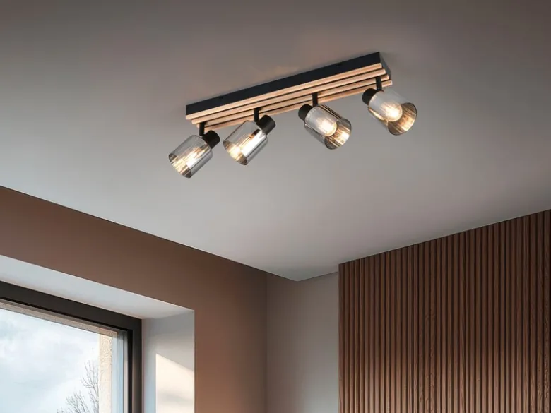 LED Deckenstrahler 4-flammig, Rauchglas Schwarz & Holzlamellen, Breite 64,5cm