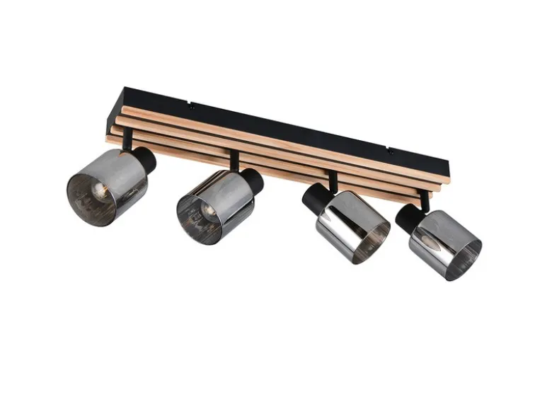 LED Deckenstrahler 4-flammig, Rauchglas Schwarz & Holzlamellen, Breite 64,5cm