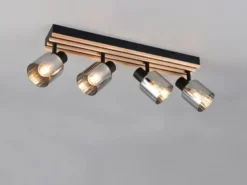 LED Deckenstrahler 4-flammig, Rauchglas Schwarz & Holzlamellen, Breite 64,5cm
