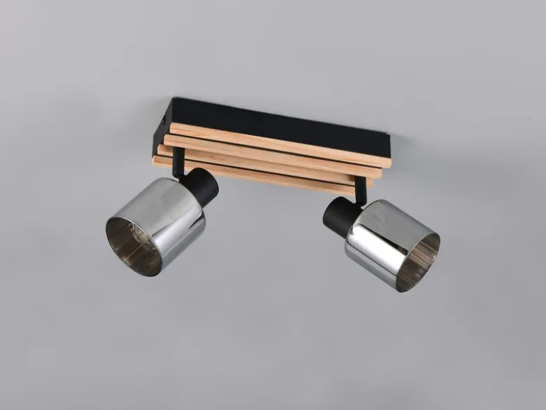 LED Deckenstrahler 2-flammig, Rauchglas Schwarz & Holzlamellen, Breite 38,5cm