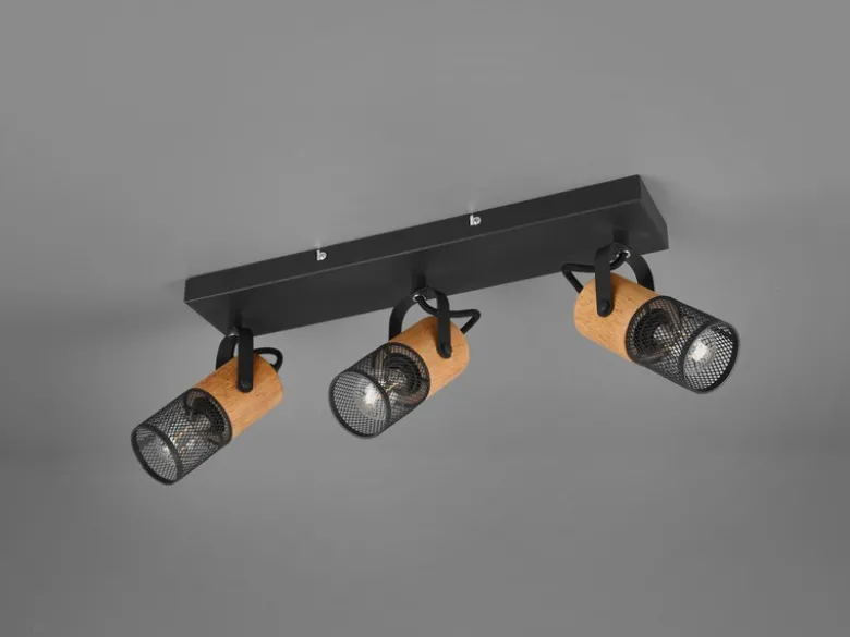 LED Deckenstrahler 3-flammig, Schwarz mit Holz & Gitterschirmen, Breite 44cm