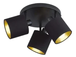 LED Deckenstrahler 3-flammig Schwarz, Stoffschirme Schwarz Gold, Ø 25cm
