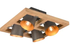 LED Deckenstrahler 4-flammig Silber antik & Gold mit Holz, Quadrat 39cm