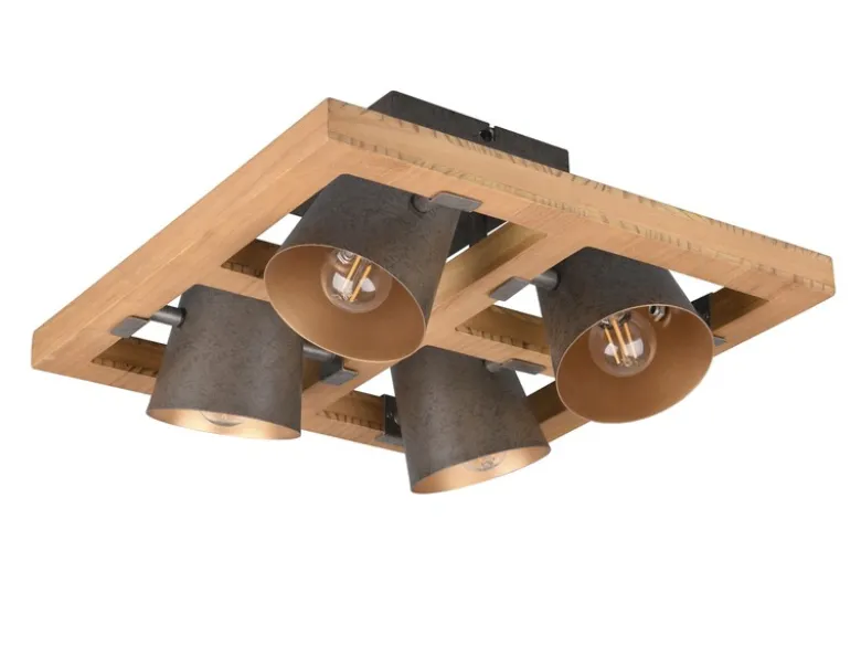 LED Deckenstrahler 4-flammig Silber antik & Gold mit Holz, Quadrat 39cm