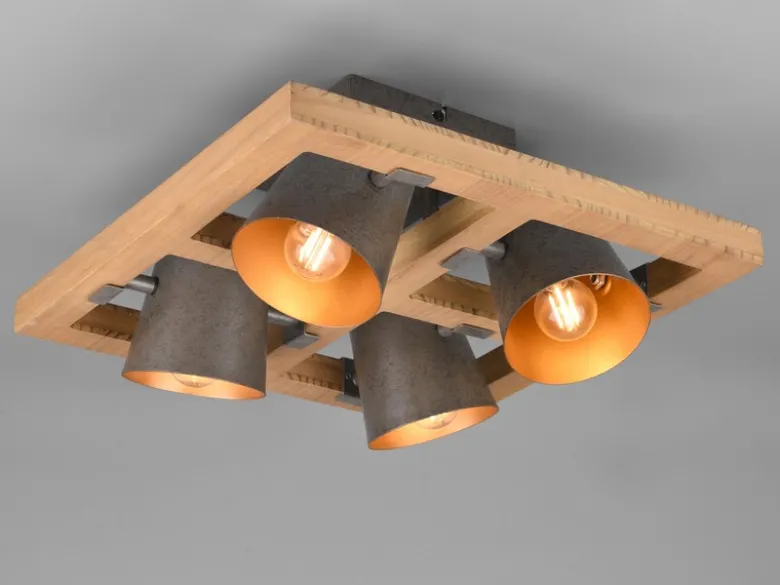 LED Deckenstrahler 4-flammig Silber antik & Gold mit Holz, Quadrat 39cm