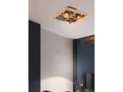 LED Deckenstrahler 4-flammig Silber antik & Gold mit Holz, Quadrat 39cm