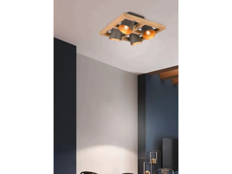 LED Deckenstrahler 4-flammig Silber antik & Gold mit Holz, Quadrat 39cm