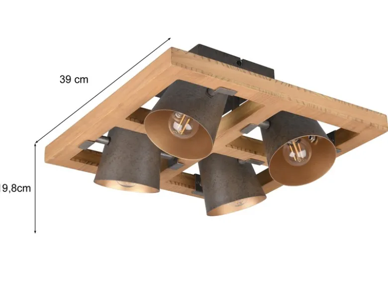 LED Deckenstrahler 4-flammig Silber antik & Gold mit Holz, Quadrat 39cm