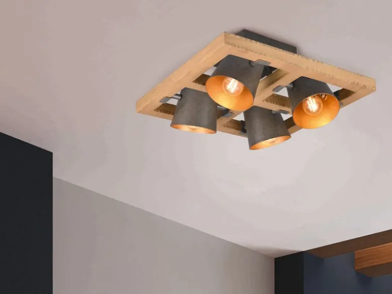 LED Deckenstrahler 4-flammig Silber antik & Gold mit Holz, Quadrat 39cm
