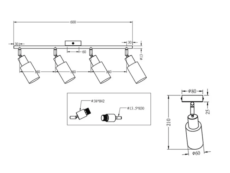 LED Deckenstrahler 4-flammig Silber mit Glas Lampenschirmen Weiß, Breite 60cm
