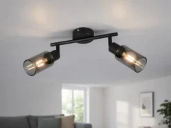 LED Deckenstrahler 2-flammig Schwarz mit Rauchglas Lampenschirmen, Breite 25cm