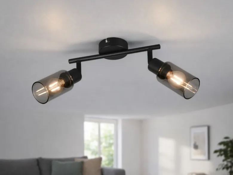 LED Deckenstrahler 2-flammig Schwarz mit Rauchglas Lampenschirmen, Breite 25cm