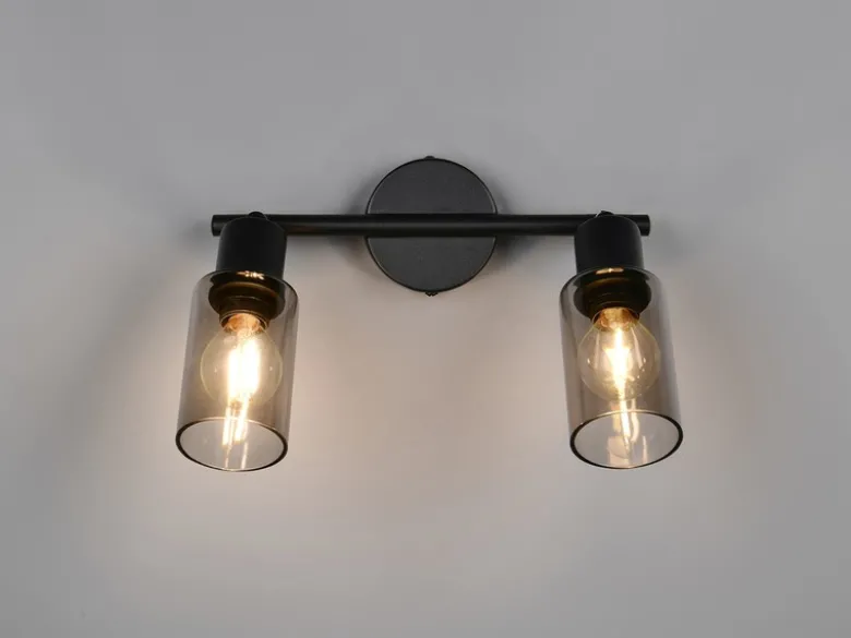 LED Deckenstrahler 2-flammig Schwarz mit Rauchglas Lampenschirmen, Breite 25cm