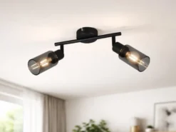 LED Deckenstrahler 2-flammig Schwarz mit Rauchglas Lampenschirmen, Breite 25cm