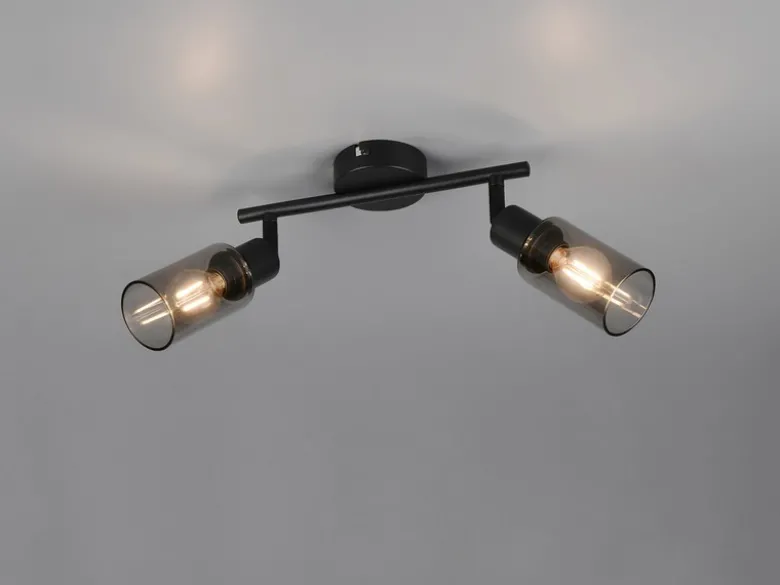 LED Deckenstrahler 2-flammig Schwarz mit Rauchglas Lampenschirmen, Breite 25cm