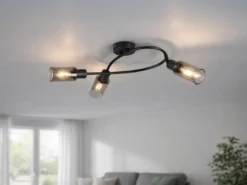 LED Deckenstrahler 3-flammig Schwarz mit Rauchglas Lampenschirmen, Breite 45cm