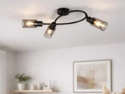 LED Deckenstrahler 3-flammig Schwarz mit Rauchglas Lampenschirmen, Breite 45cm