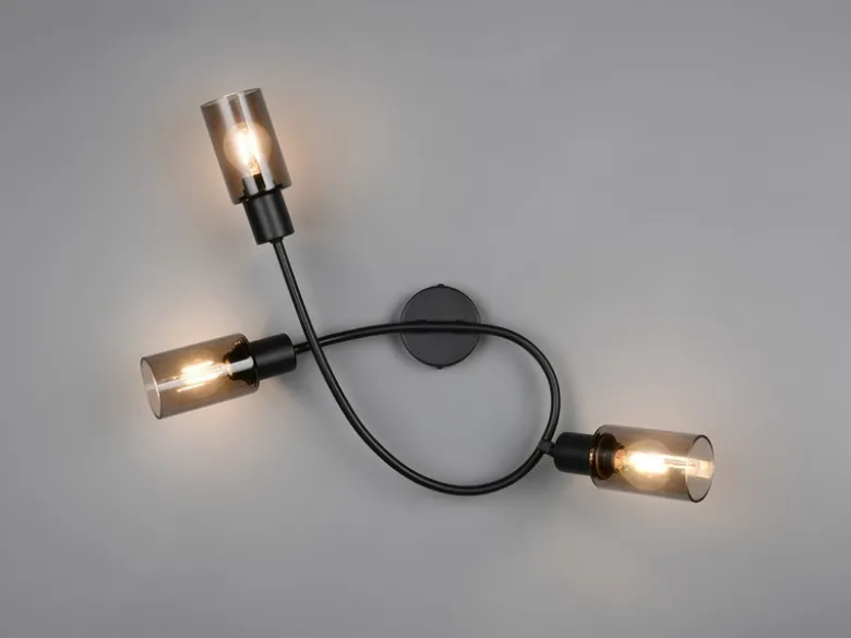 LED Deckenstrahler 3-flammig Schwarz mit Rauchglas Lampenschirmen, Breite 45cm