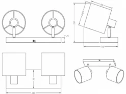 LED Deckenstrahler 2-flammig Silber, Stoffschirme Weiß, Breite 28cm