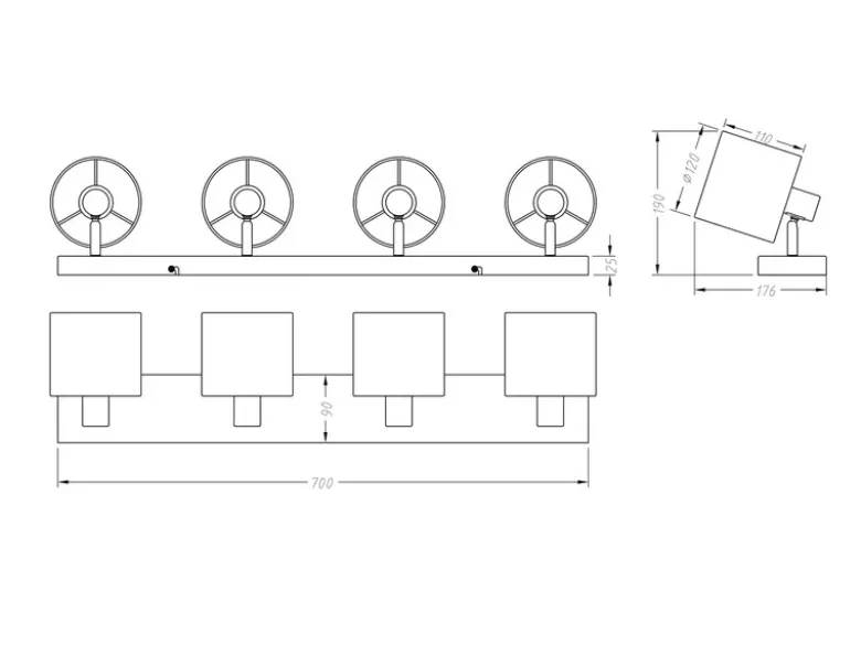 LED Deckenstrahler 4-flammig Silber, Stoffschirme Weiß, Breite 70cm