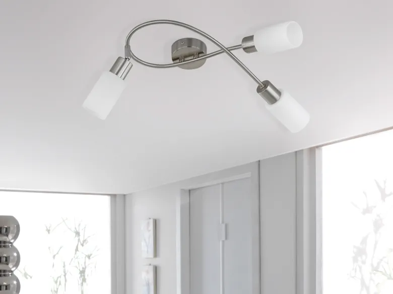 LED Deckenstrahler 3-flammig Silber mit Glas Lampenschirmen Weiß, Breite 45cm