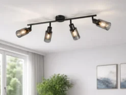 LED Deckenstrahler 4-flammig Schwarz mit Rauchglas Lampenschirmen, Breite 60cm