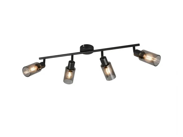 LED Deckenstrahler 4-flammig Schwarz mit Rauchglas Lampenschirmen, Breite 60cm