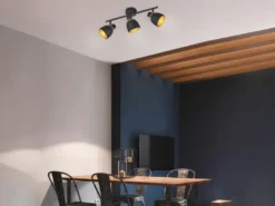 LED Deckenstrahler 3-flammig Schwarz Gold mit Drahtgeflecht, Breite 45cm